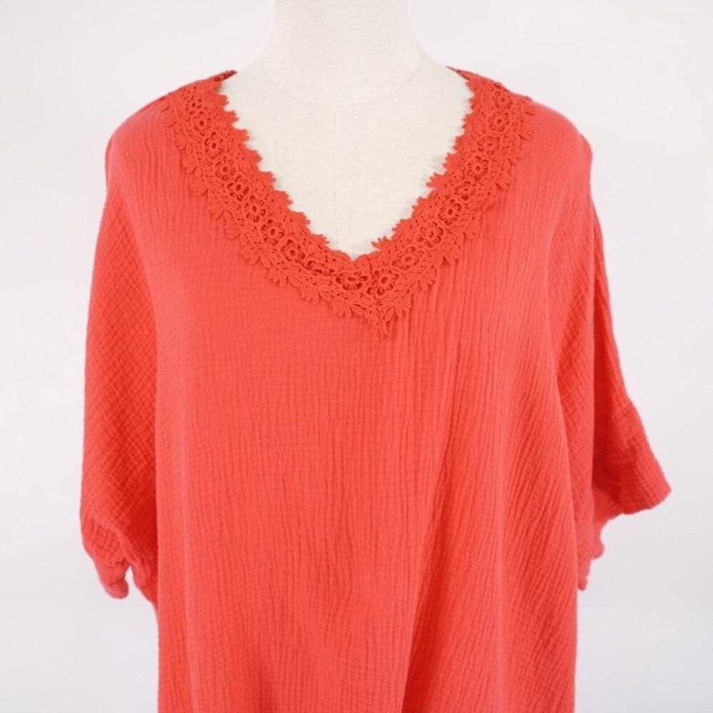 Jones New York 1X Neon‎ Pink / Orange Ribbed Cotton Lace V-Neck Blouse